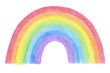 Hand-drawn rainbow isolated on a white background. A rainbow drawn with wax crayons in a primitive children's style.