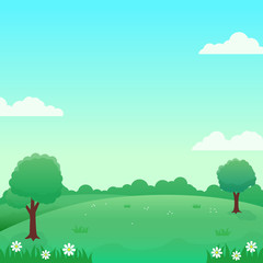 Wall Mural - Nature landscape vector illustration with green field, flowers, trees and bright sky suitable for background 