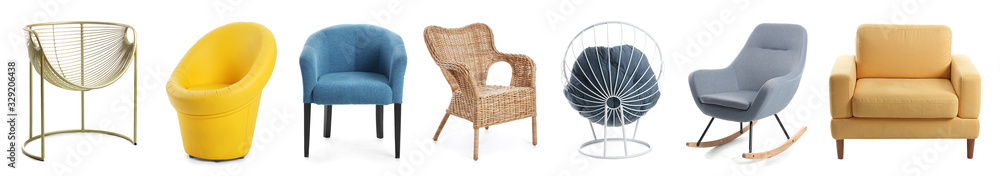 Collage with different comfortable armchairs on white background - obrazy, fototapety, plakaty 