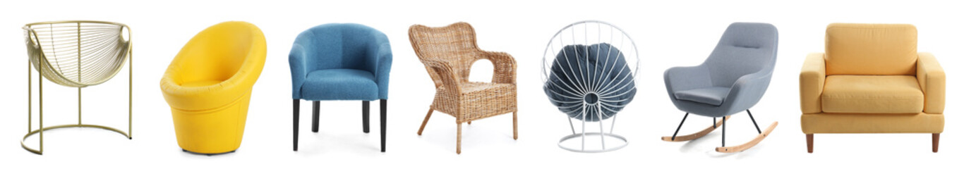 Collage with different comfortable armchairs on white background