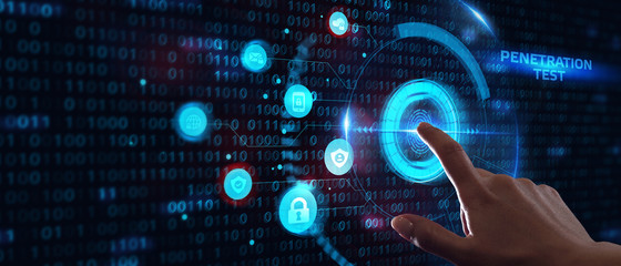 Business, technology, internet and networking concept. Young businessman working in the office, select the icon PENETRATION TEST on the virtual display.