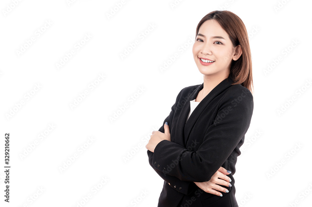 Asian businesswoman with black suit pretent confident pose in white isolated background. Smart, confident, business, presenter concept. - obrazy, fototapety, plakaty 