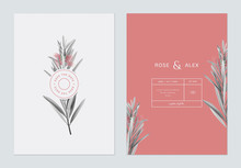 Minimalist Wedding Invitation Card Template Design, Bottle Brush Branches In Grey And Red Tones