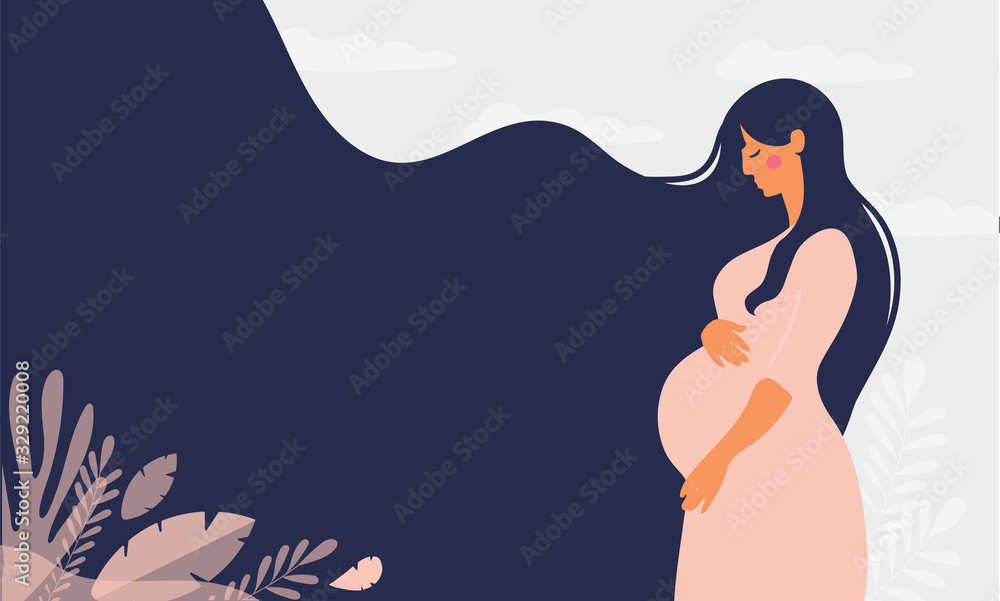 Modern banner about pregnancy and motherhood. Poster with a beautiful young pregnant woman with long hair and place for text. Minimalistic design, flat cartoon vector illustration. - obrazy, fototapety, plakaty 