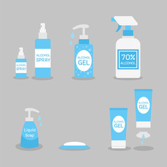 Set of Alcohol Gel, Alcohol Spray, Soap, Liquid Soap. kill virus by Wash hand and spray hand.Medical Health care concept,