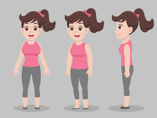 Set of Character Woman cartoon concept character pose front side turn around for character animation flat vector design.