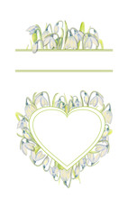 Set Of Romantic Spring Frames With Snowdrops On The Outer Edge On A White Isolated Background. Watercolor Painting.