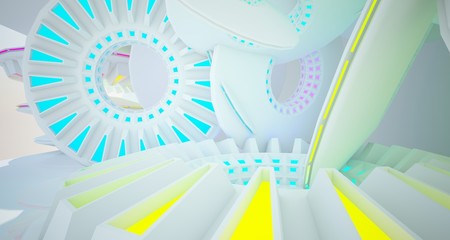 Abstract architectural background, white interior with discs. Colored gradient neon lighting. 3D illustration and rendering.