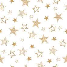 Seamless Pattern With Set Drawn Stars. Vector Wallpaper Gold Stars On A White Background.
