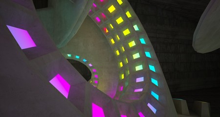 Architectural background. Abstract concrete interior with discs. Colored gradient neon lighting. 3D illustration and rendering.