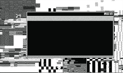 Glitched screen with terminal console window. Pixel art 1-bit style.
