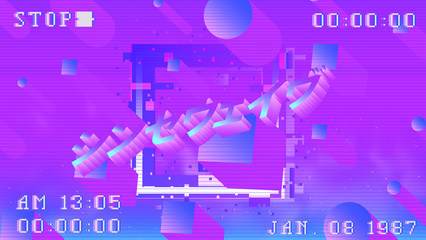 Aufkleber - Retrofuturistic landscape with floating 3D neon shapes in zero gravity. Japanese text translates as 