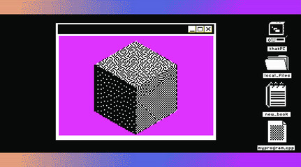Retro user interface desktop with Command-line terminal window. Surreal vaporwave style illustration.