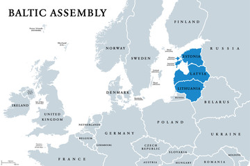 Wall Mural - Baltic Assembly (BA) member states political map. Regional organization in Europe promoting intergovernmental cooperation between Estonia, Latvia and Lithuania. English labeling. Illustration. Vector.