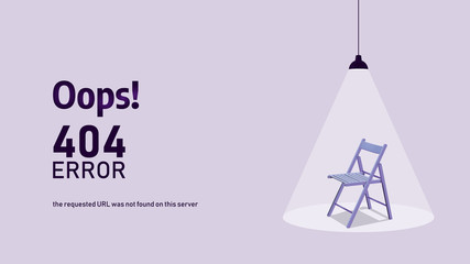 404 error page design for website with empty chair illustration, layout template.