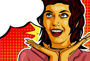 Smiling woman with open mouth. Surprised face with two hands near. Speech bubble. Dots on the background. Vector image comics styled.