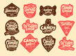Set of Candy stickers, patches. Colorful badges, emblems, stamps on beige background isolated.