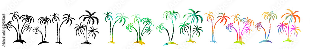 Set Multi-colored palm trees. Hello summer. mixed media. Vector illustration - obrazy, fototapety, plakaty 