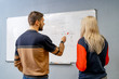 © Vadim - Young business people working with whiteboard in office. Brainstorming concept.