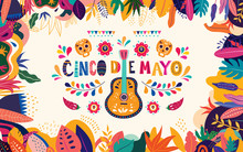 Beautiful Vector Illustration With Design  For Mexican Holiday 5 May Cinco De Mayo. Vector Template With Traditional Mexican Symbols: Mexican Guitar, Flowers, Red Pepper, Skull