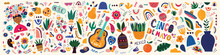 Mexico Illustration. Mexican Pattern. Vector Illustration With Design  For Mexican Holiday 5 May Cinco De Mayo. Vector Template With Mexican Symbols: Mexican Guitar, Flowers, Red Pepper, Skull