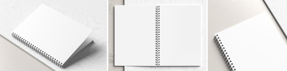a4 format spiral binding notebook mock up on white marble background. realistic notebook mock up ren