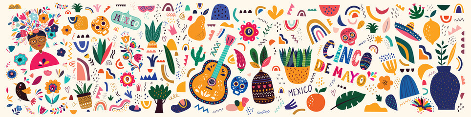 Wall Mural - Mexico illustration. Mexican pattern. Vector illustration with design for Mexican holiday 5 may Cinco De Mayo. Vector template with Mexican symbols: Mexican guitar, flowers, red pepper, skull