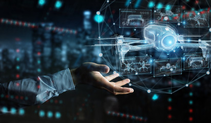 businessman holding and touching holographic drone projection in his fingers 3d rendering