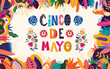Beautiful vector illustration with design  for Mexican holiday 5 may Cinco De Mayo. Vector template with traditional Mexican symbols: Mexican guitar, flowers, red pepper, skull