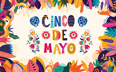Wall Mural - Beautiful vector illustration with design for Mexican holiday 5 may Cinco De Mayo. Vector template with traditional Mexican symbols: Mexican guitar, flowers, red pepper, skull