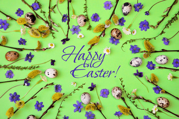 Wall Mural - Anemones and willow flowers with eggs on blue background. Easter consept of banner or greeting card