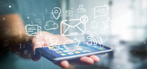 Wall Mural - businessman holding a cloud of social media network icon
