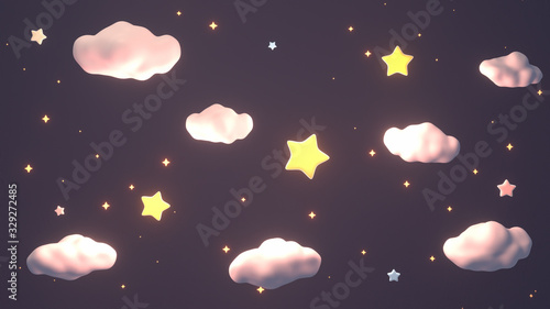 Photographie Cartoon glowing stars and white clouds in the sky at night