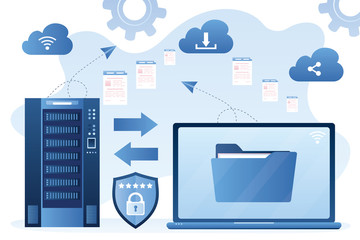 Hosting network service or online database storage system. Cloud storage technology concept. Data protection.