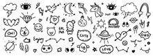 Cute Hand Drawn Doodle Vector Set, Love, Tattoo , Firework, Cloud, Unicorn, Weather, Rainbow, Cat,dog, Heart And Creative Design Vector Collection.