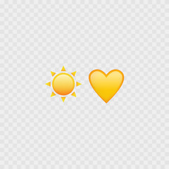 Sun and heart emojis. Love heart emoji. Yellow icons. Vector
