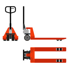 Hand Pallet Truck, Flat Design. Top View, Front And Side View. Vector Illustration.