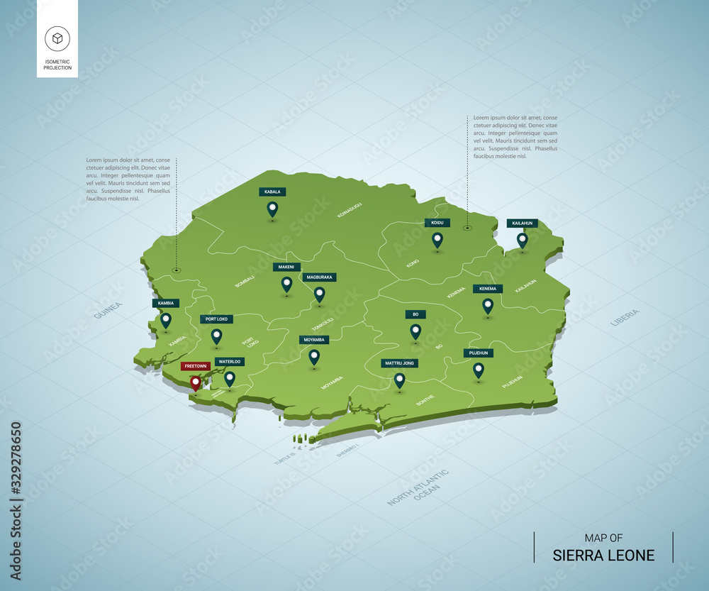Stylized map of Sierra Leone. Isometric 3D green map with cities ...