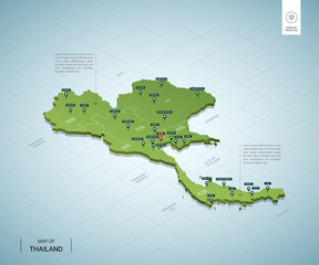 Stylized map of Thailand. Isometric 3D green map with cities, borders, capital Bangkok, regions. Vector illustration. Editable layers clearly labeled. English language.