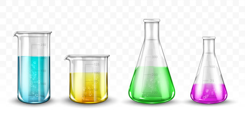 Laboratory glassware with colorful liquids on transparent background