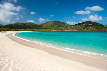 Wall Mural - bright scenic empty view of wide curving caribbean beach at long bay, beef island, tortola, british 