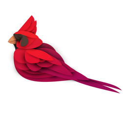 Poster - Abstract northern cardinal bird isolated on white background. Creative 3d concept in craft paper cut style. Colorful minimal design character. Original vector cartoon illustration.