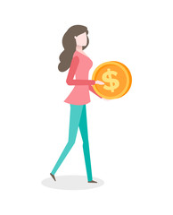 Female making investments, coin with dollar sign in hands, isolated person. Vector female increasing income and financial profit, money golden coin