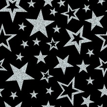 Seamless Pattern With Silver Glitter Sparkle Stars On Black Background. Vector Illustration.