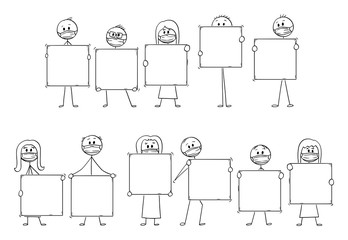 Sticker - Vector cartoon stick figure drawing conceptual illustration of set or group of people wearing face masks and holding big empty sign. Pollution, coronavirus,Infection and epidemic concept.