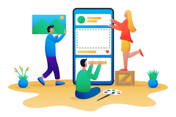 UI / UX design process teamwork. UX / UI design concept with character and text place. Mobile app development. Teamwork project. UI/UX design creation.