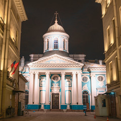 view from the street at St. Catherine's Cathedral in the night in St. Petersburg, Russia