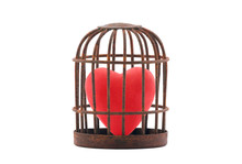 Red Heart Trapped In Retro Rusty Cage Isolated On White Background