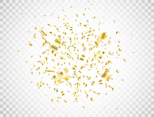 Confetti explosion on transparent background. Falling gold confetti. Bright golden festive tinsel. Party backdrop. Holiday design elements for web banner, poster, flyer, invitation. Vector