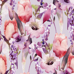 Wall Mural - Spring Bouquet Seamless Pattern. Watercolor Illustration.